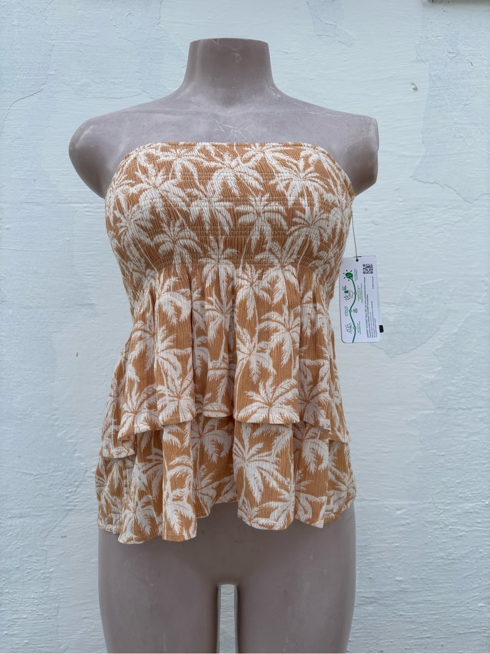 Rip Curl Beige & White Palm Print Smocked Tube Top